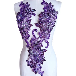 16x40cm 3D abiti da sposa in rilievo artigianato fai da te fiore strass di pizzo viola Applique cucito da sposa cucire sul vestito corpetto