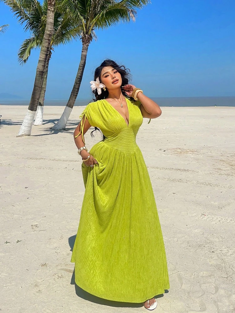 Plus size feminino férias casual beira-mar cintura brilhante vestido de manga curta feriado romântico pulôver de cor pura