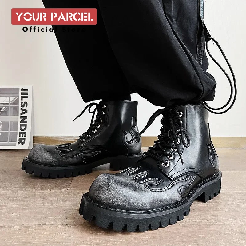 Flame Boots Men's Trend Martin Boots Thick Sole High Top Short Boots Women's Punk Genuine Leather Retro Functional Motorcycle Bo