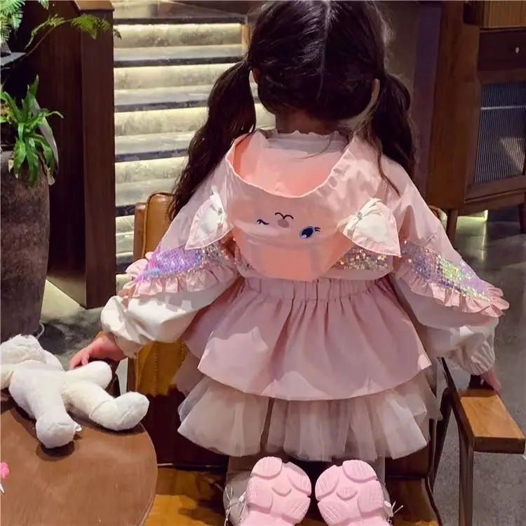 Cute Hooded Trench Coat Kids Pink Dresses Jackets for Girls 2-11Years Toddler Infant Fall Jacket Girls Outwear 3 4 5 6 7 8 9 10