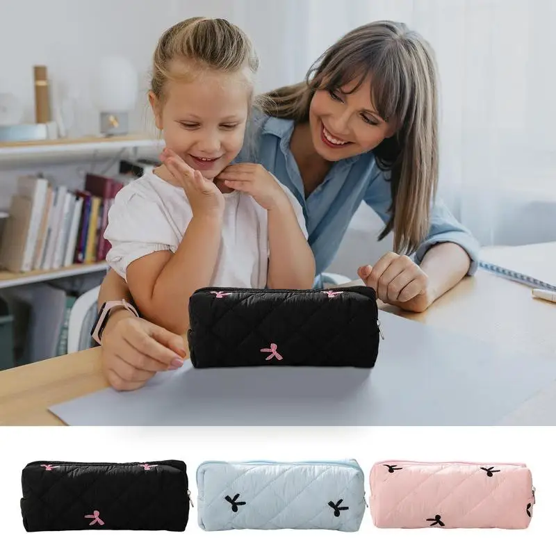 New high quality Wear-resistant Fabric Cute Bow knot Bag Pen Pouch Students Storage Case portable desktop collection box