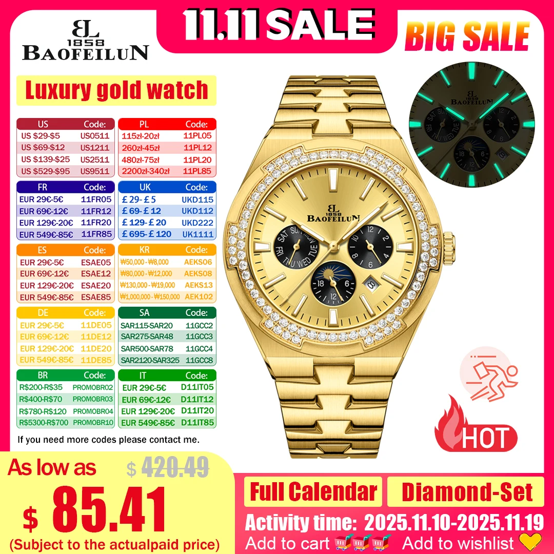 

BAOFEILUN Luxury Gold Watch for Men Automatic Mechanical Watches Sapphire Mirror Full Calendar Diamond-Set Dress Wristwatch Gift