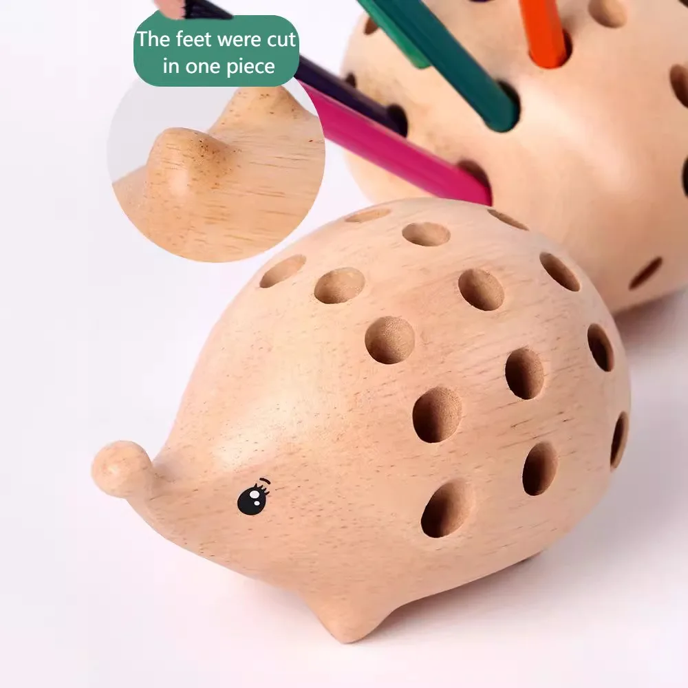 Creative Hedgehog Pen Holder 21 Holes Wooden Art Pencil Stand Set Gift with 24pcs Colored Pencils Pen Container For Children