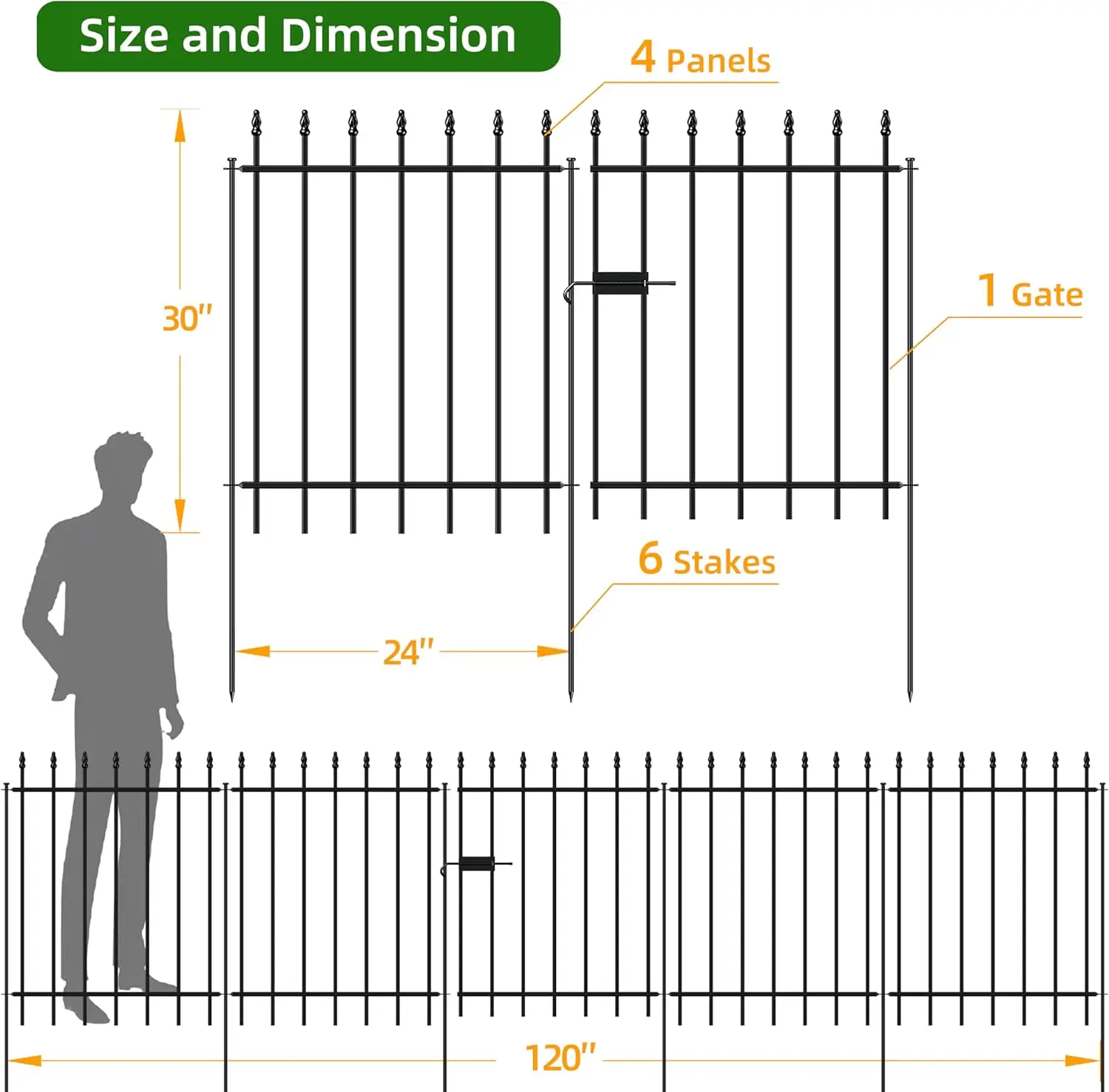 Metal Garden Fence with Gate 30 in H x 10 ft L, 1 Gate + 4 Panels Border Fence Panels Animal Barrier for Dogs,