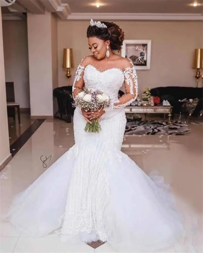 

Mermaid African Wedding Dress Handwork Beading Full Sleeve Lace Custom Made Bridal Gown