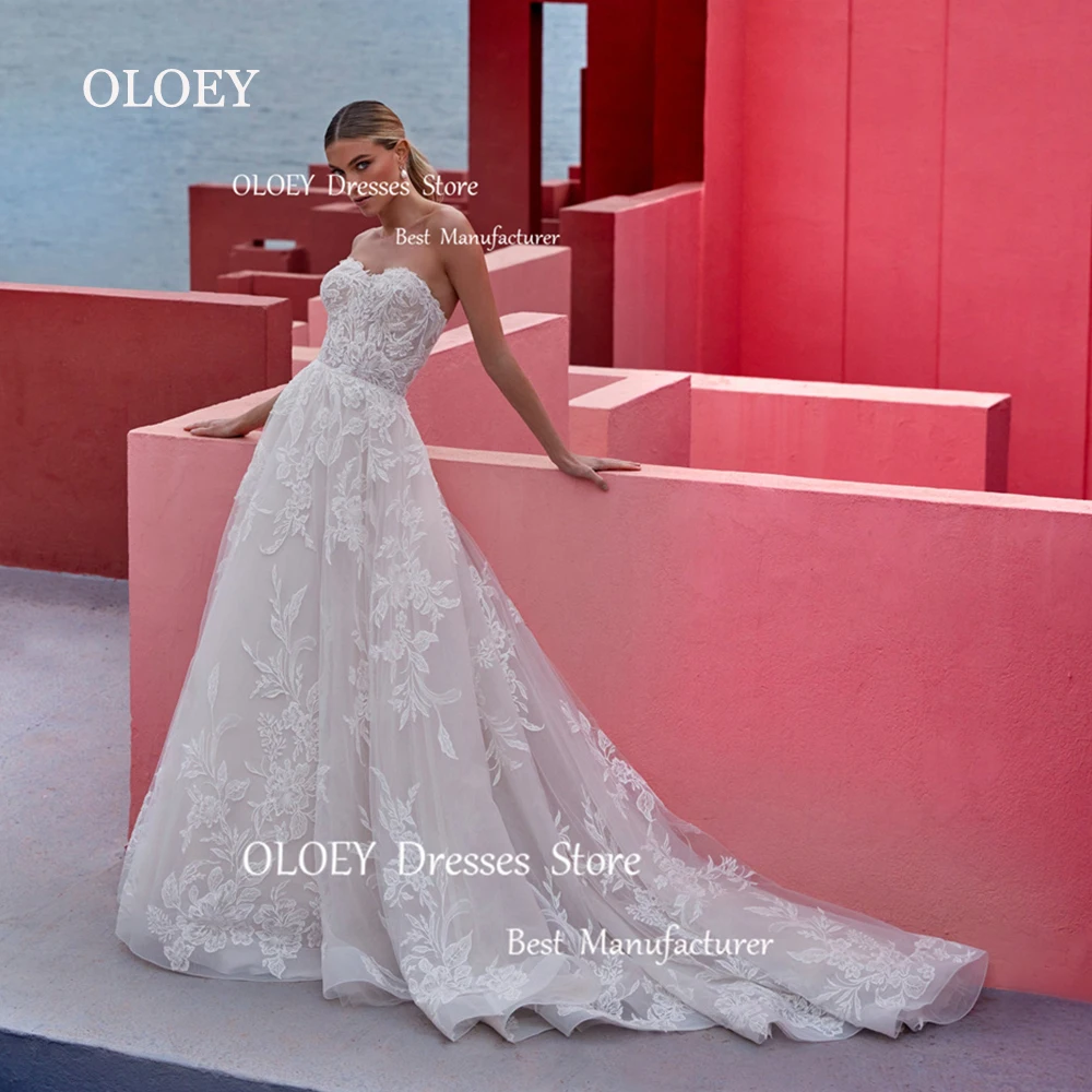 OLOEY Exquisite Lace Strapless Wedding Dresses Sweetheart A-Line Floor Length Bridal Gown Ivory Vestido De Noiva Sweep Train