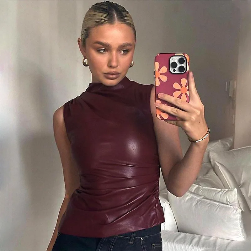 Burgundy Leather Tops Women Fashion Ruched Bodycon Crop Top Summer Sexy Sleeveless Irregular Night Club Party Tanks 2024 Black