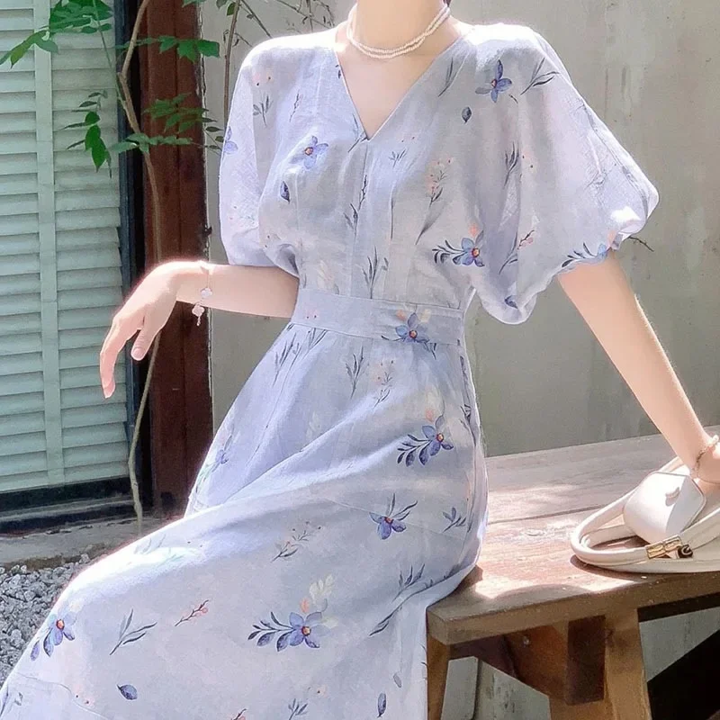 

Women's Long Dress with Short Sleeves, Slim Dress, High Waist, V Neck, A Line, Spring, Summer