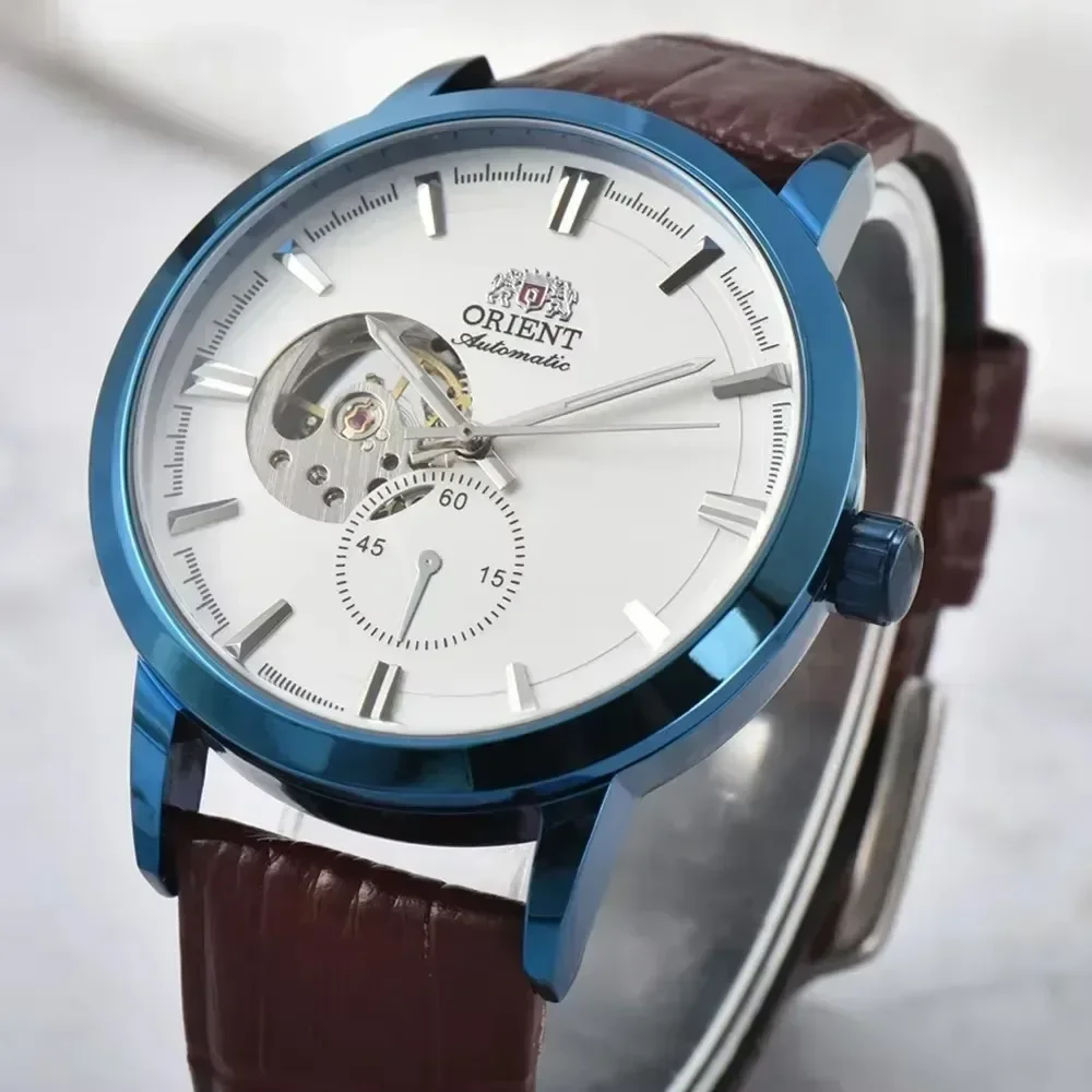DFDG Orient automatic mechanical unisex watch with hollowed out personalized dial, fully functional world time leather strap