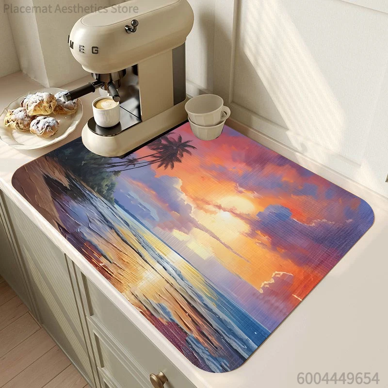 Sunny Beach Drain Mat Beachy Coastal Home Decor Mat Sand Shell Starfish Pattern Heat Resistant Kitchen Mat Countertop Protection