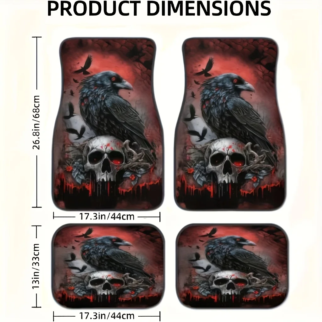 Gothic Raven and Skull Pattern Car Floor Mat Set Universal Fit Suitable for Most Vehicle Models Car Interior Accessorie