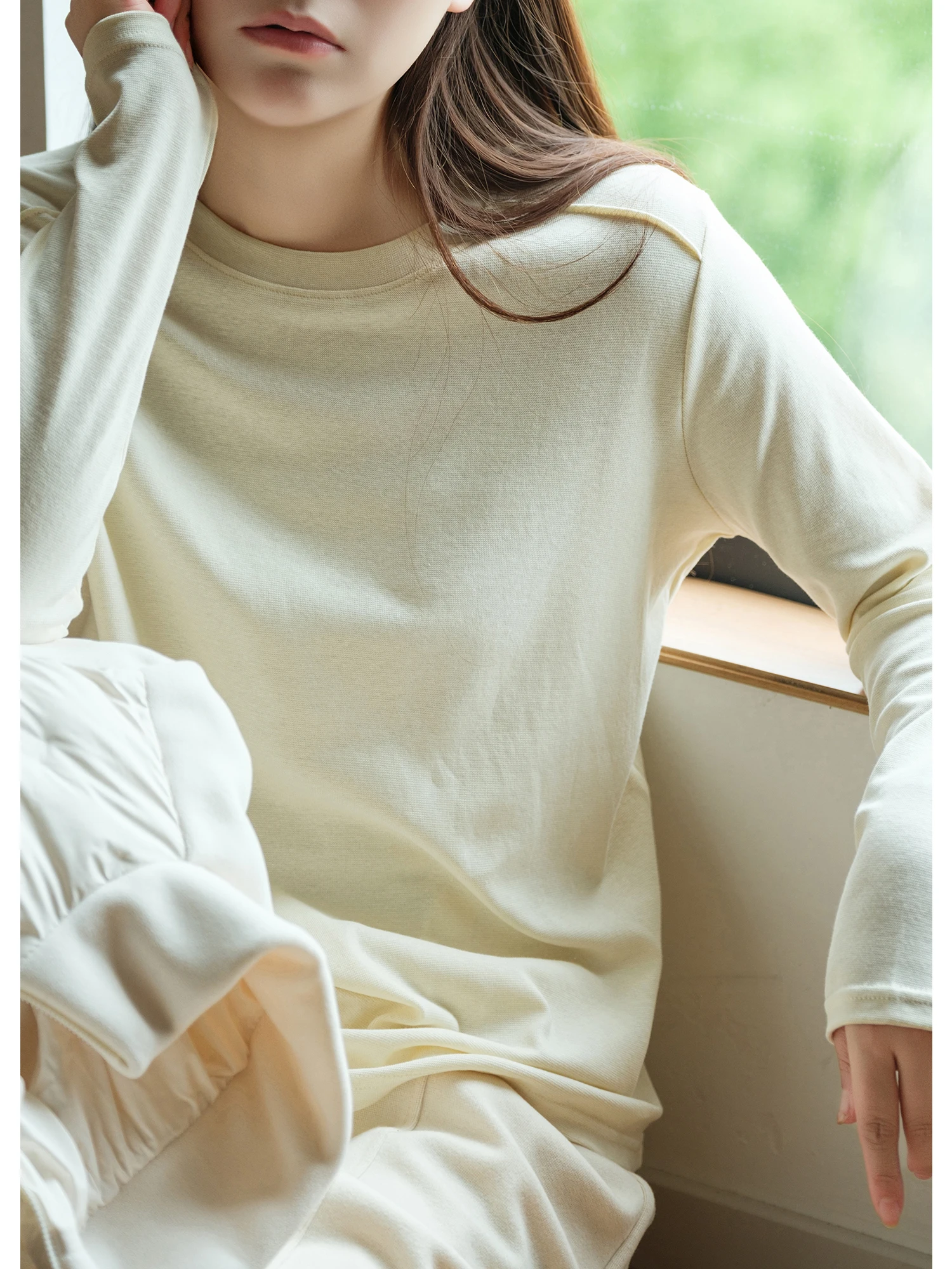 Slim Fit Long Sleeve round Neck T-Shirt Double Stitching Shoulder Seperation Combed Cotton Casual Style Women's Top
