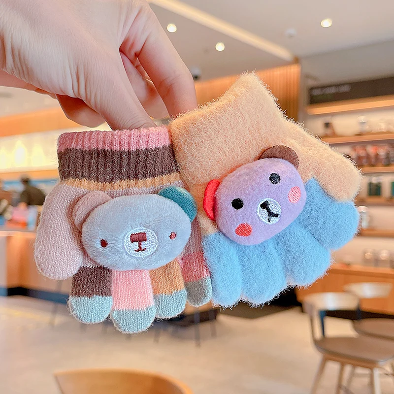 0-3 Years Old Winter Baby Girls Cute Soft Knitting Cartoon Five Finger Gloves Children Lovely Outdoor Warmth Gloves Kids Mitten