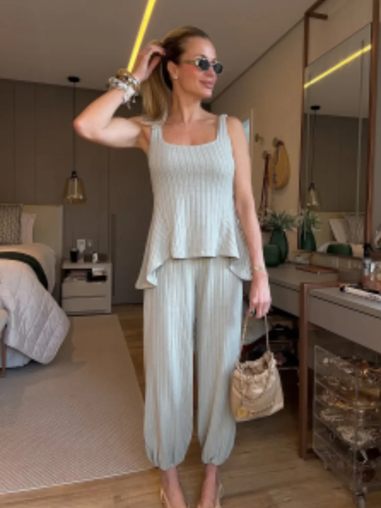Women Knitted Solid Loose Fit Pant Suits Casual Sleeveless Waist Cinching Wide-leg Pants Sets 2026 Lady Daily Street Outfits New - view 3
