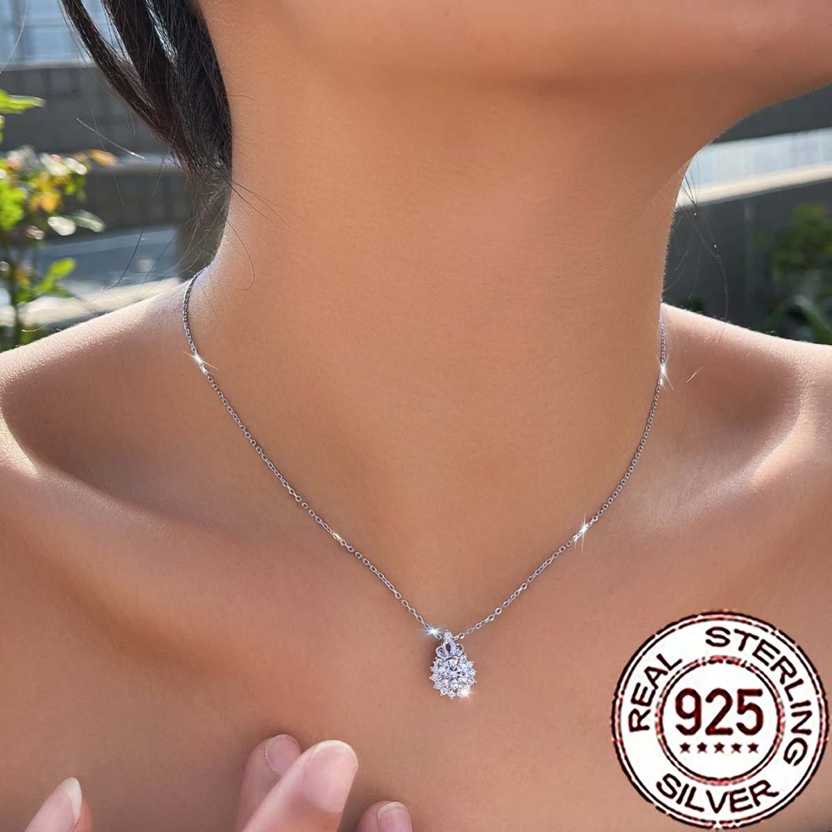 

QooLady 925 Sterling Silver Luxury CZ Zircons Crown Flower Shape Pendant Necklace for Women Fine Anniversary Jewelry Gift SD077