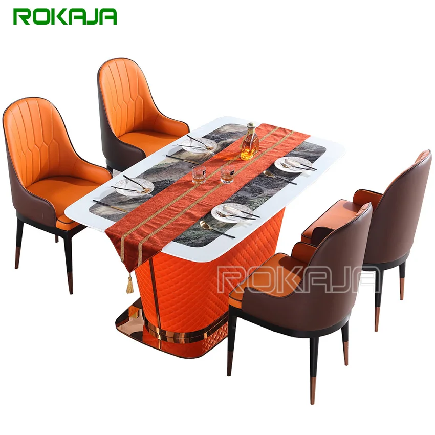 

American High End Dining Table Set Stainless Steel Marble Top Leather Dining Table Villa Dining Room Furniture