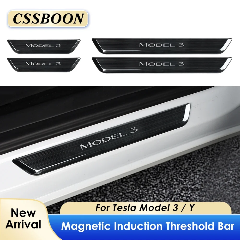 

CSSBON Беспроводная светодиодная магнитная передняя и задняя часть автомобиля, 4 шт., черная защита порога для Tesla Model y/3, педаль приветствия