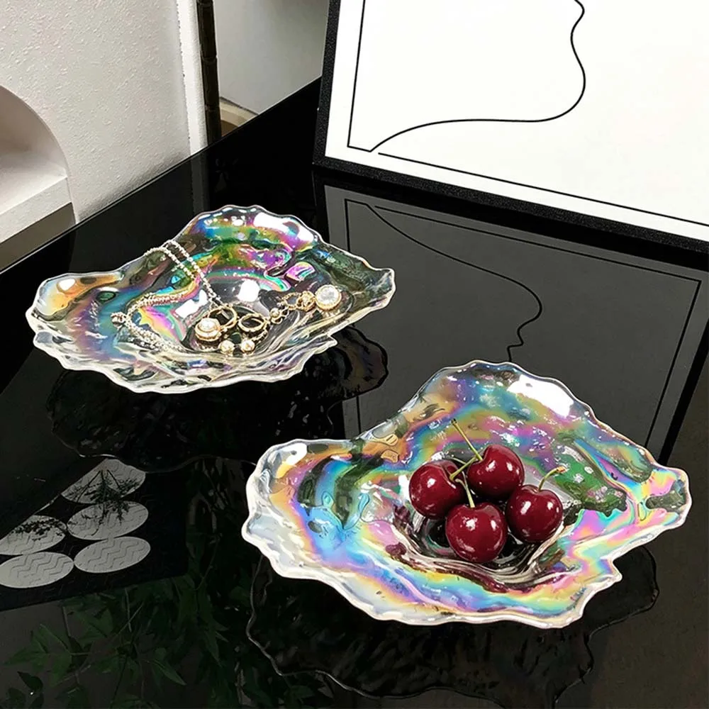 New Conch Glass Storage Tray Rainbow Shell Jewelry Dish Decorative Snack Plate Key Holder Desktop Ornament Home Table Decor Gift