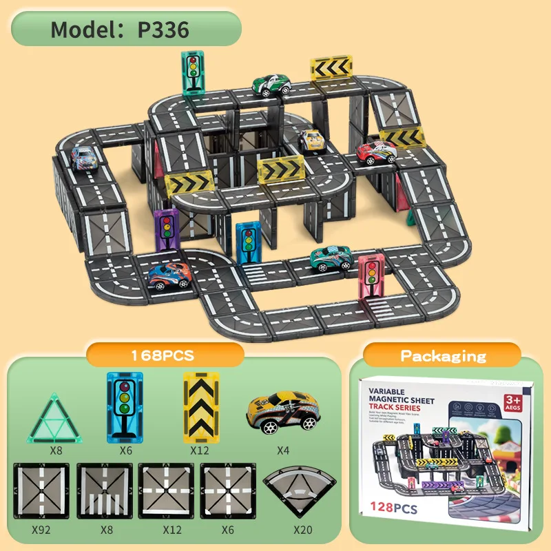 

Kids Educational DIY Building Puzzle Toy, Magnetic Highway Track Blocks Playset with Small Toy Vehicles