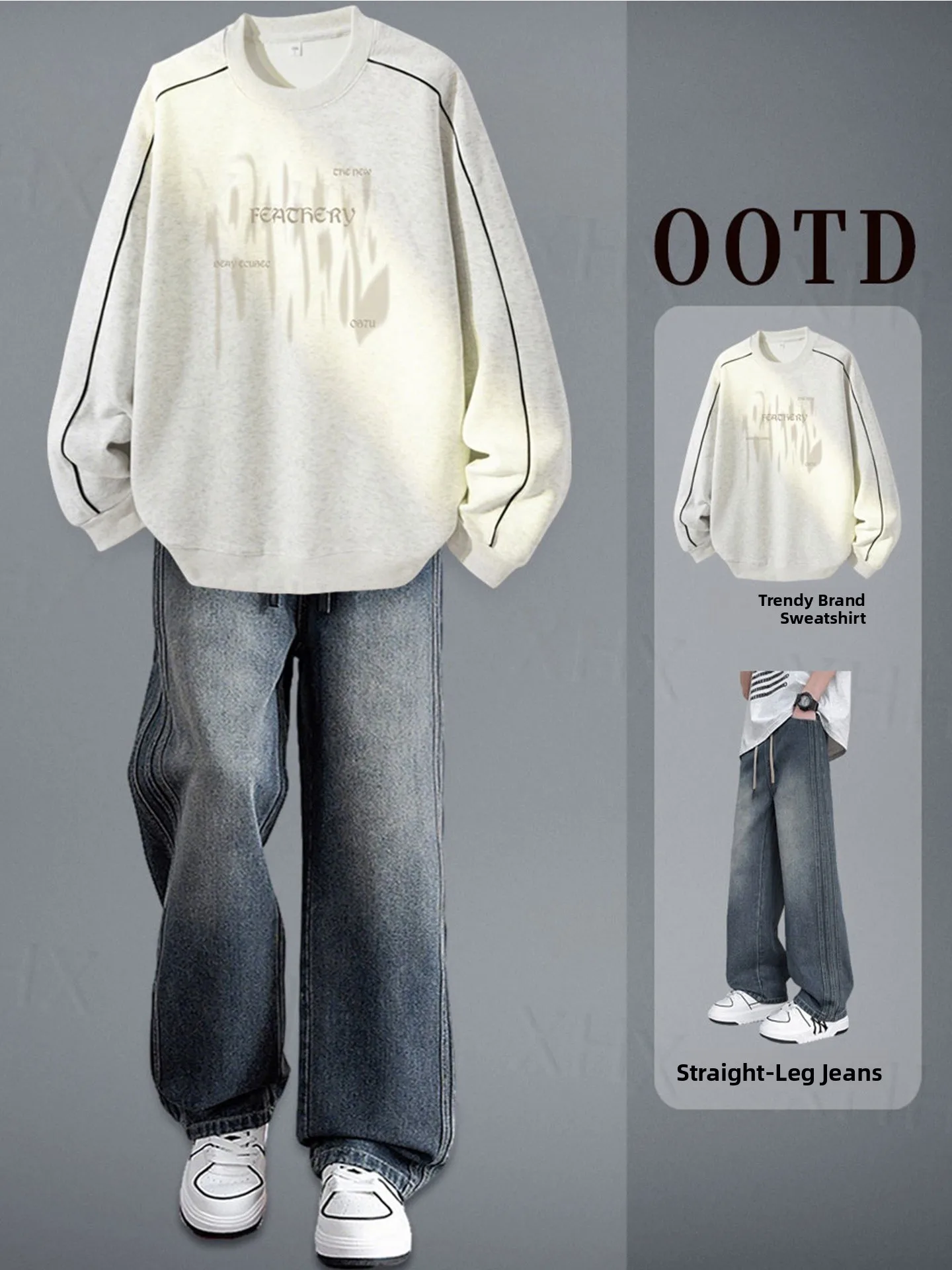 

Cool Trendy Men's Casual Sportswear Set Autumn round Ne Sweatirt Straight Leg Jeans for Teenage Boys Long Sve Long Pants