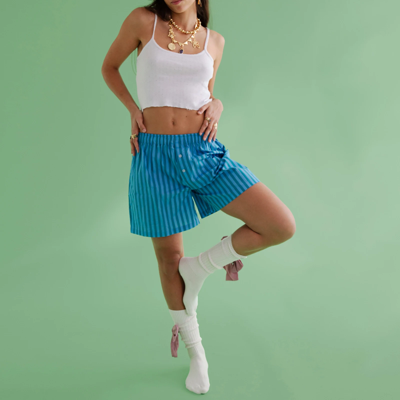 

Women Summer Shorts Casual Striped/Plaid Print Elastic Short Pants for Vacation Beach Nightclub Streetwear