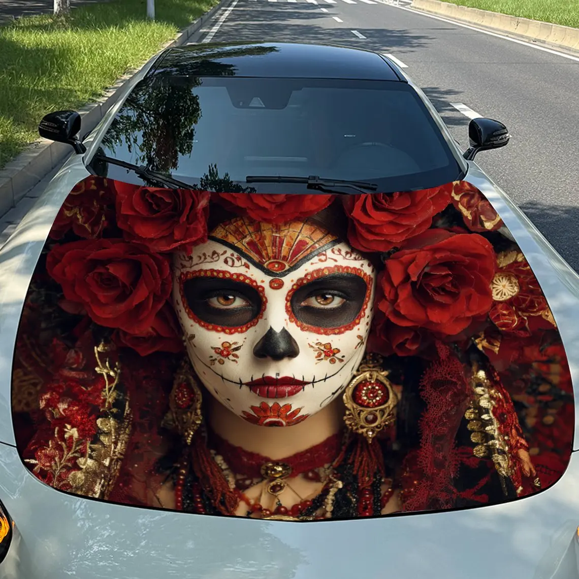 Beautiful Skeleton Makeup Girl Vinyl Stickers Car Engine Cover Wrap Colorful Vinyl Stickers Truck Pattern Engine Cover Car Acces