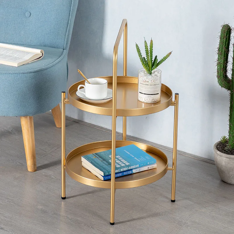 Luxury Gold Wrought Iron Portable Coffee Table Living Room Sofa Corner Table Balcony Round Side Table Bedside Table Small Table