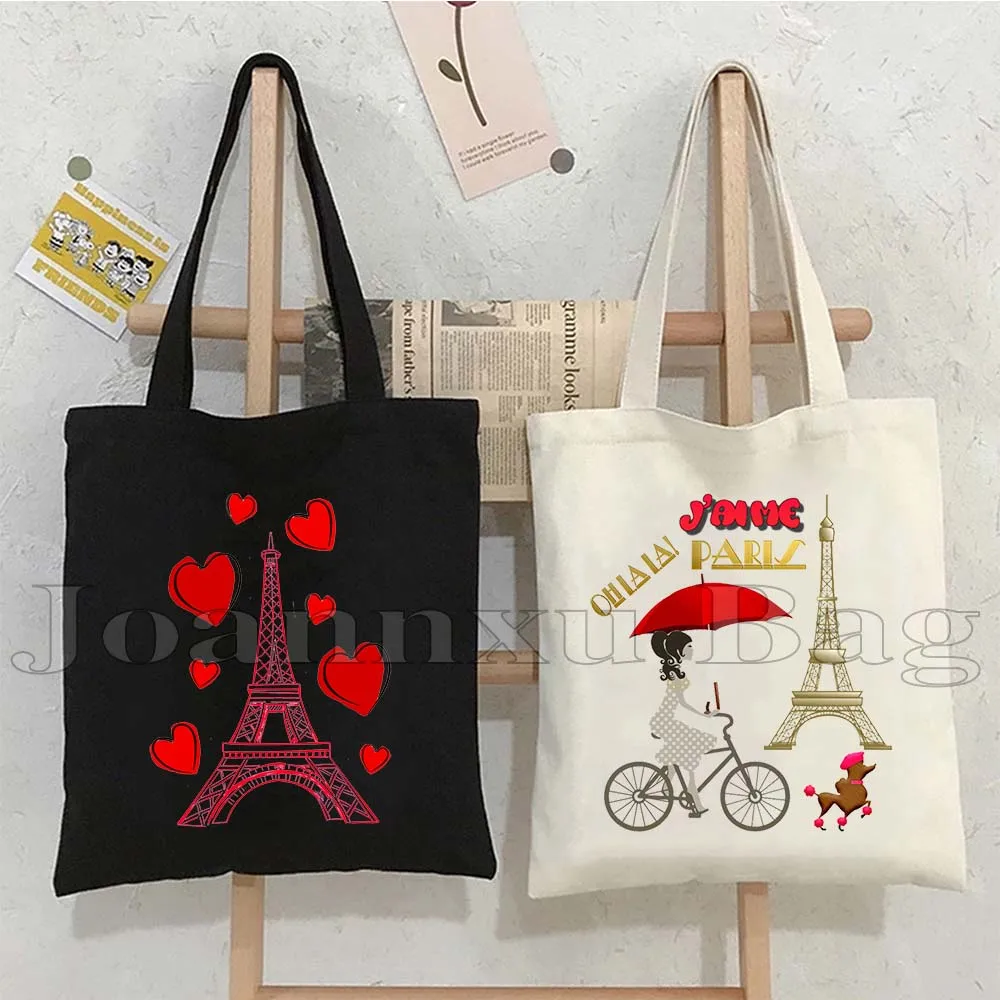 Love Paris France Map Flag Eiffel Tower City Landmark Pug Life Oh La La Baguette French Food Cute Canvas Tote Bag Cotton Handbag