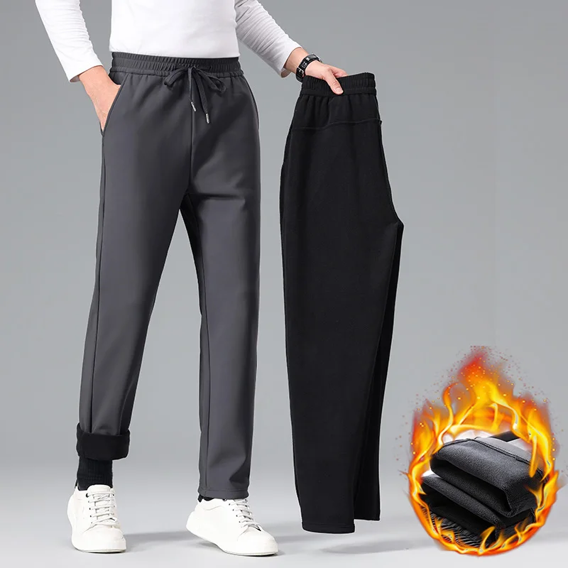 

Winter Fleece Warm Thicken Pants Men Drawstring Elastic Waist Outdoors Jogging Flocking Straight Balck Grey Casual Trousers Male