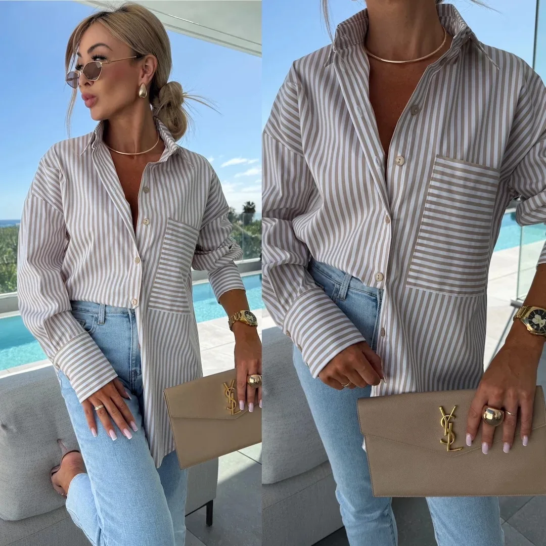 2025 New Casual Women's Shirt Long Sleeve Striped Pocket Button Blue Casual Loose Top Street Office Pink Blouses - Image 4