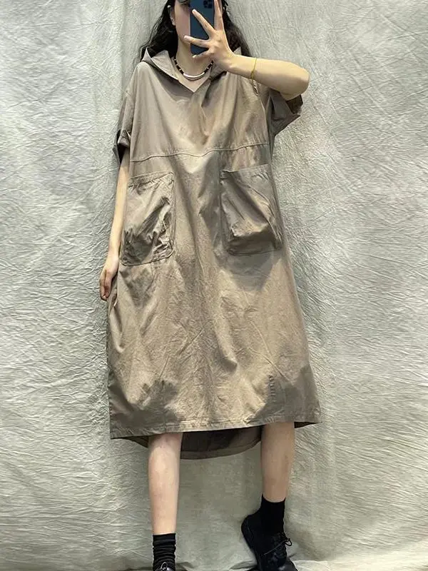 Summer New Women's Loose Casual Hooded ort Sve Dr Artistic Sle plus Size Slimming Mid-Length Cotton Dr