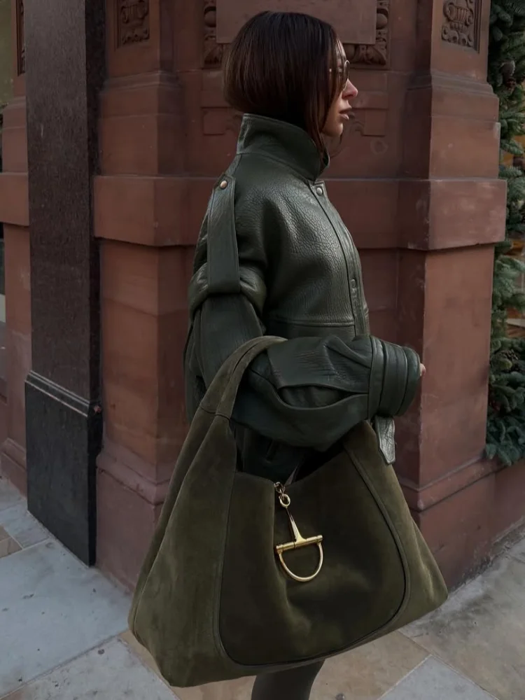 Veste courte en cuir pour femmes, vert, Vintage, mode, col montant solide, simple boutonnage, vêtements d'extérieur amples, manteau Highstreet quotidien