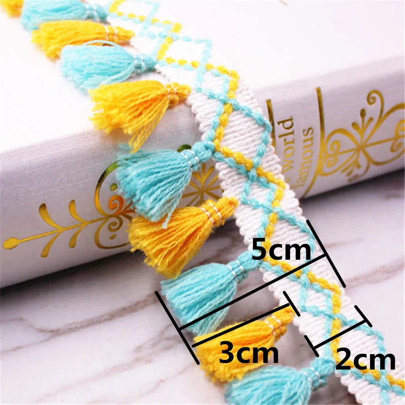 2 Yards Colored Fringed Lace Trim Sewing Ribbon Tassel Fringe Cotton Ethnic Latin Dress Stage Garment Curtain Decorative DIY