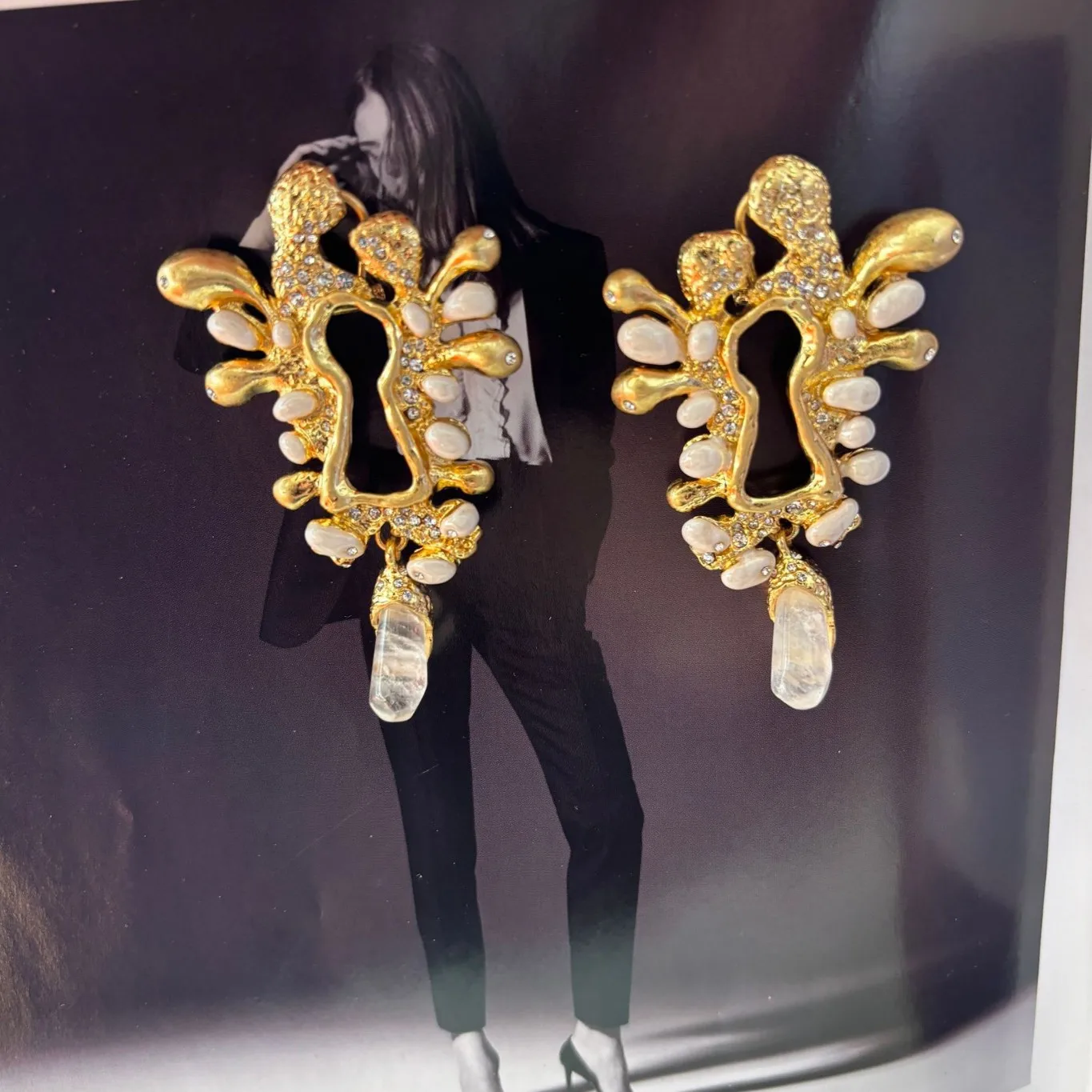 

Schiaparel style exaggerated enamel crystal earrings, vintage French face art, old money