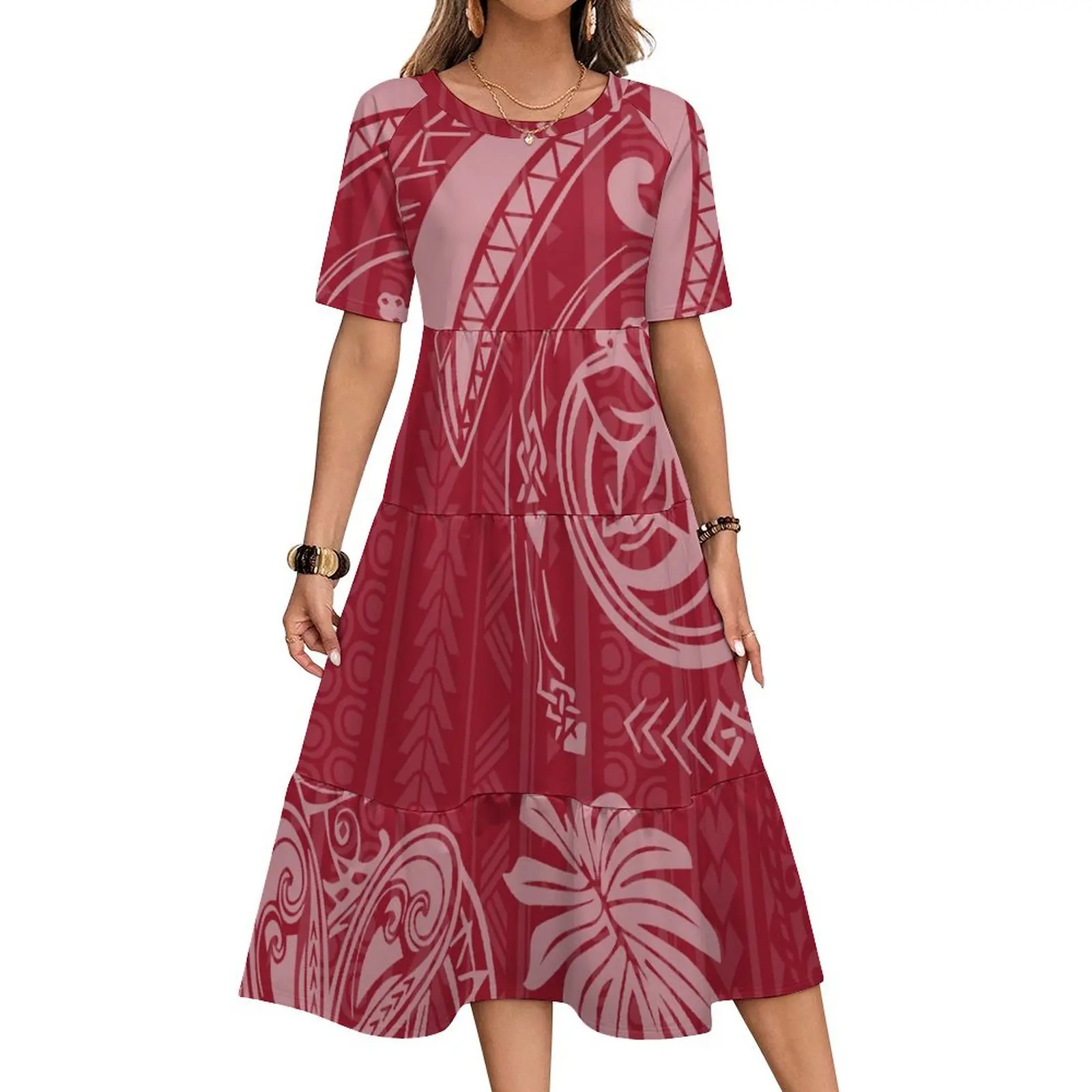 Novo atacado personalizado tonga design tribal polinésia multi em camadas vestido de manga curta maxi vestido casual plus size roupas femininas