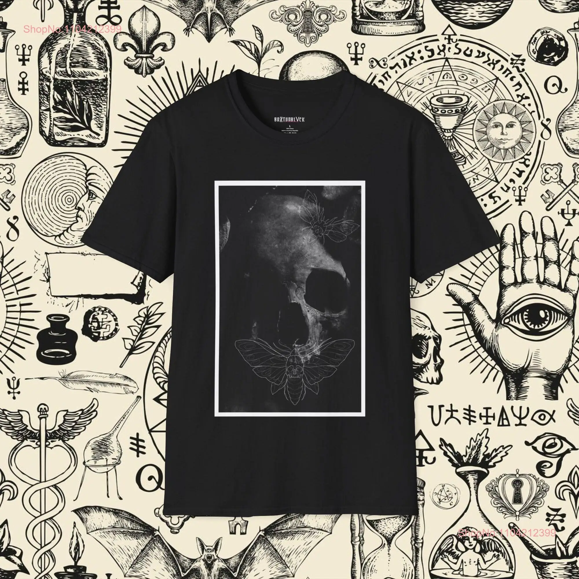 White framed peeking skull and death head moth T Shirt Creepy Couture long or short sleeves