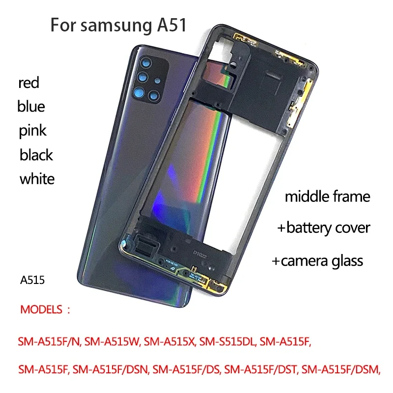 

Для Samsung Galaxy A51 2020 A515F чехол для аккумулятора, корпус, средняя рамка, задняя крышка, запасные части для объектива камеры