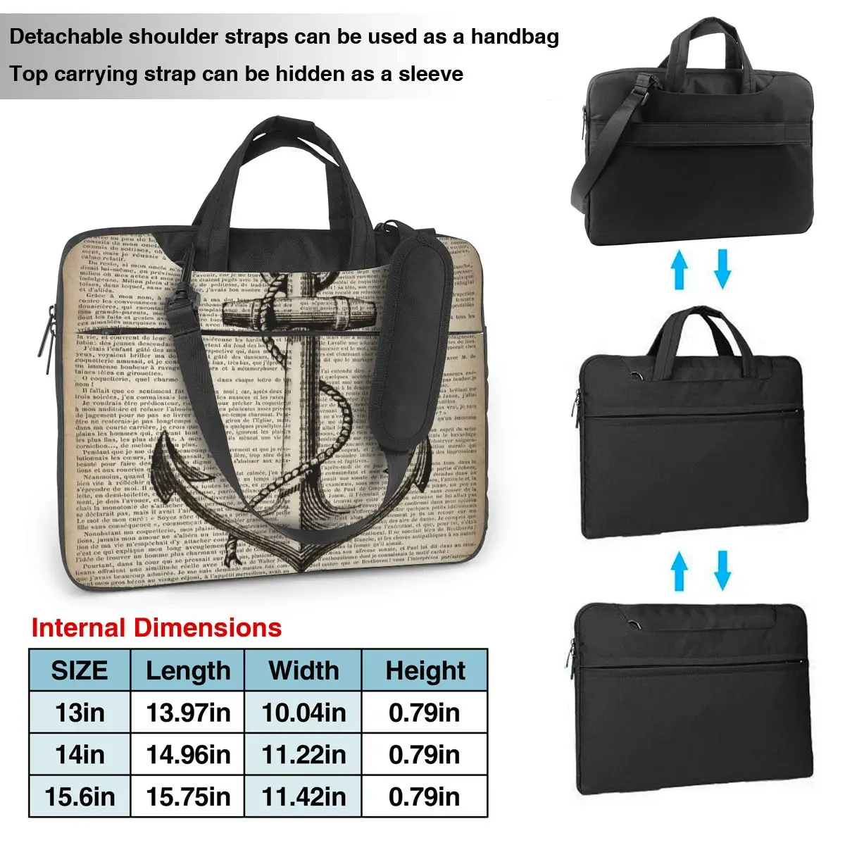 Beach Nautical Captain Newspaper Print Vintage Anchor Laptop Bag Shockproof Case Computer Bag 13 14 Crossbody Notebook Pouch