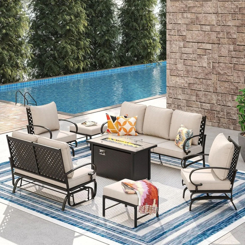 7 Pieces Patio Furniture Set with 45-inch Firepit(Marble Top), Outdoor Furniture of 3-seat Sofa, Patio Glider Loveseat, 2 Patio