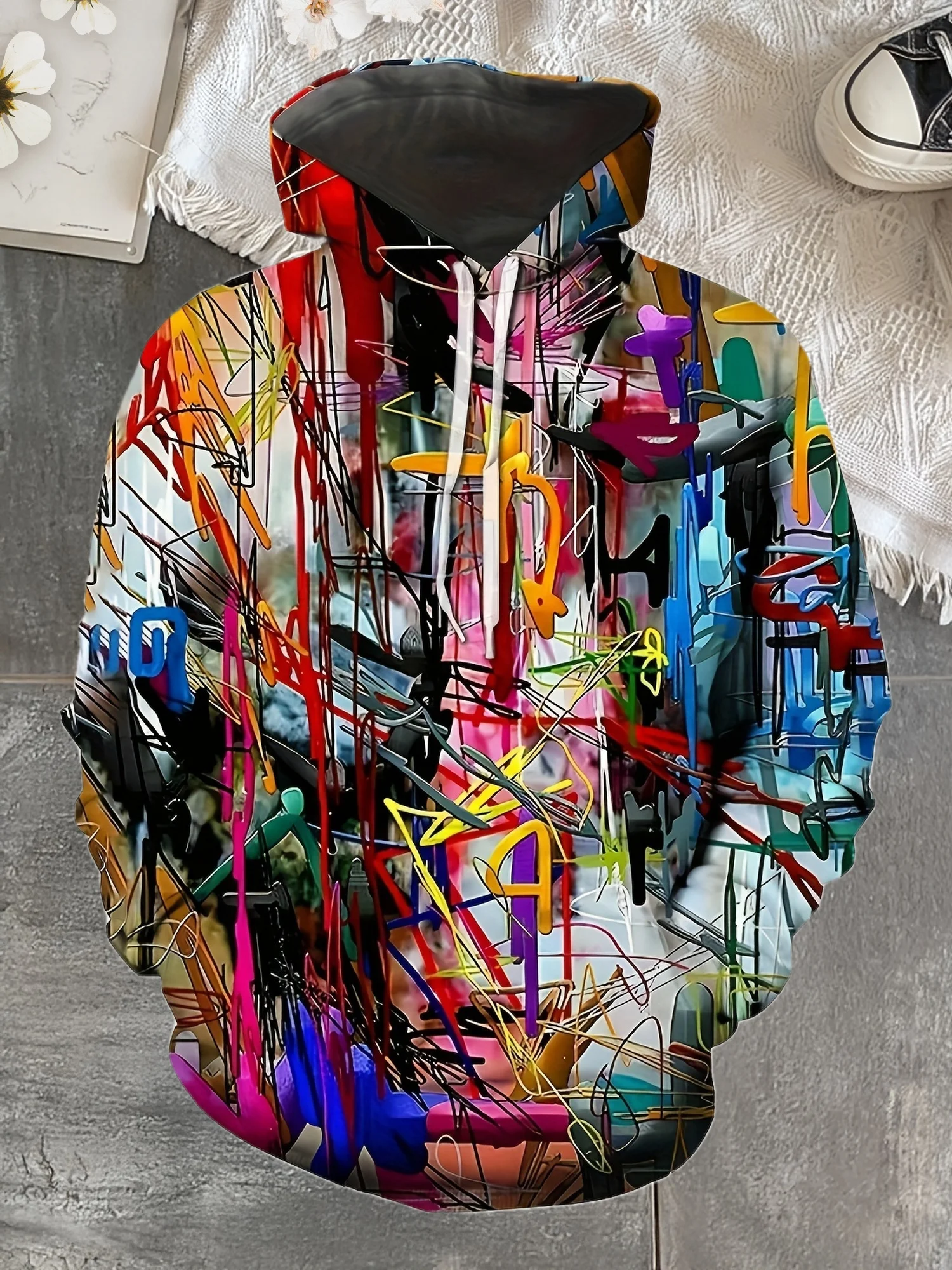 Unisex Multicolor Splash Graffiti Letter All Over Print Hoodie Abstract Street Art Drawstring Pocket Hip Hop Sweatshirt