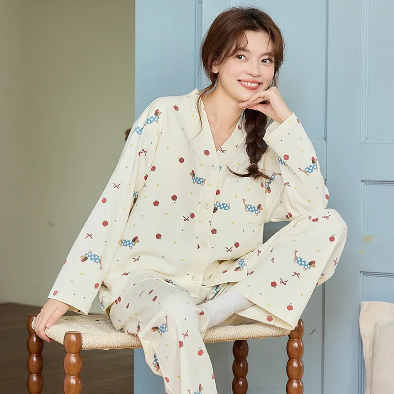 Women's Sleepwear Set with Chest Pad Long Sleeve Long Pants Open Cardigan Kimono Collar Home Clothes Spring Autumn Youth Female