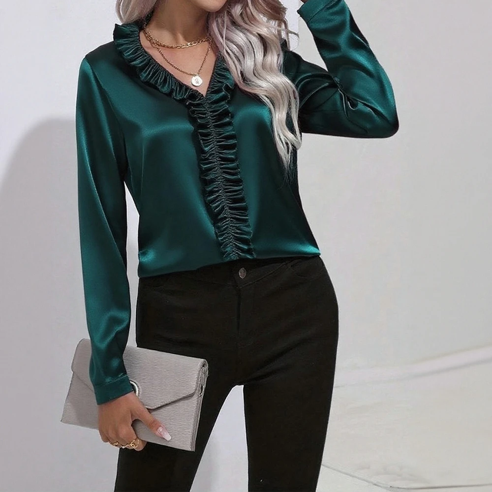 

Женская элегантная облегающая повседневная блузка с длинным рукавом и v-образным вырезом, осенний однотонный топ для офиса и вечерней одежды