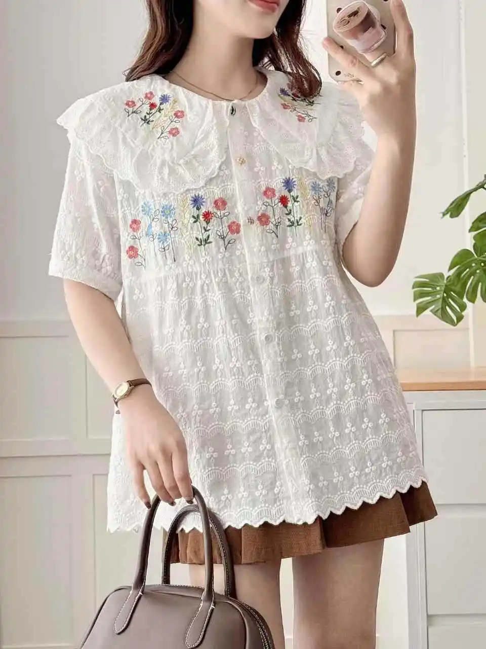 2025 Summer New Japanese Sweet Mori Girl Lace Flower Embroidery Patchwork Shirts Women Peter Pan Collar Short Sleeve Blouse Tops