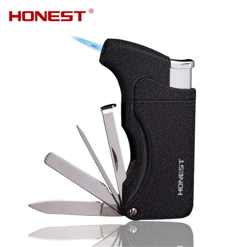 HONEST Multifunctional Cigar Lighter Windproof Jet Flame Butane Inflatable Lighter and Pipe Tool Rod Compact Portable Lighter