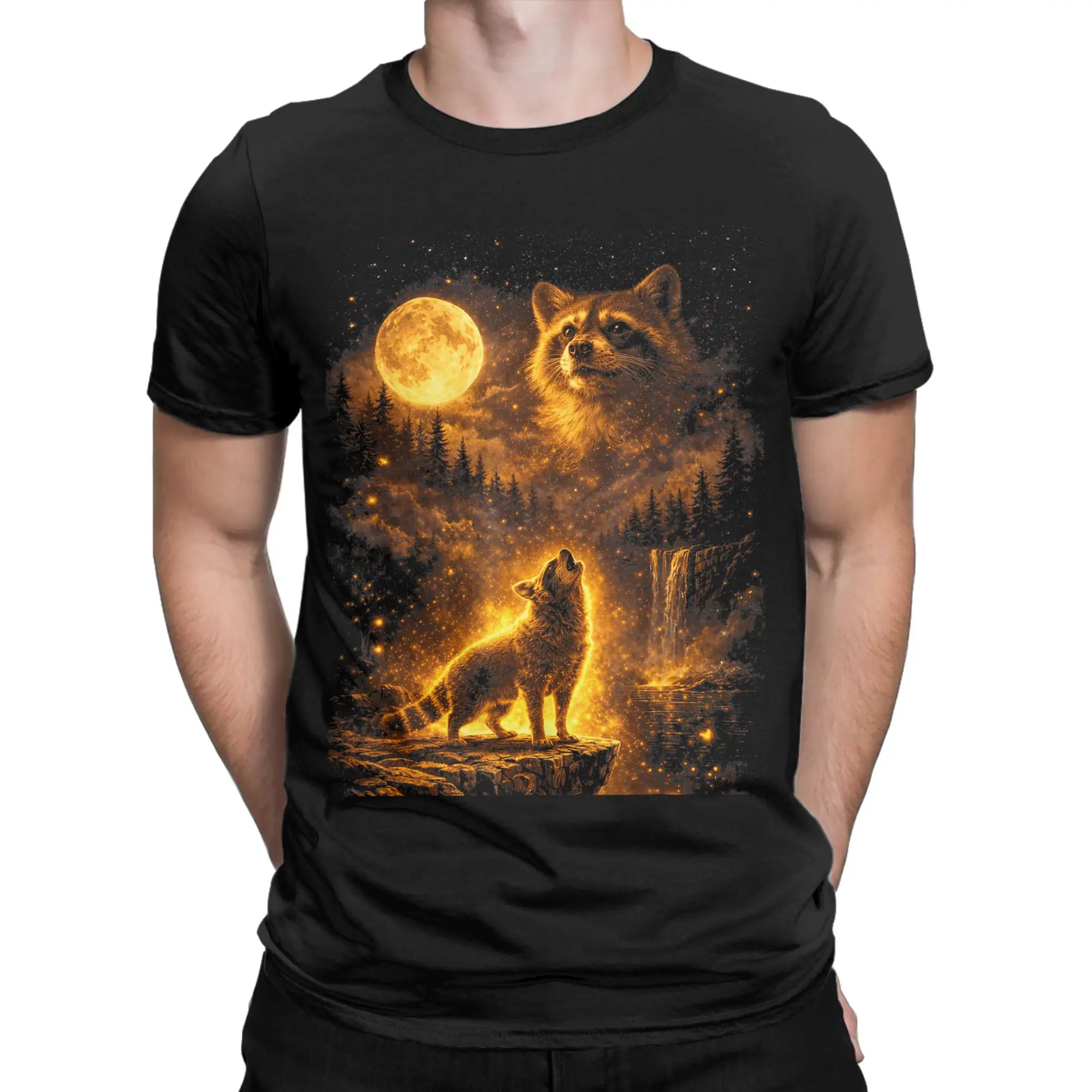 Vintage Moonlight Animal Fun Raccoon Howling At The Moon T Shirt Beach  T-Shirts 100% Cotton Trending Tee Shirt For Men Top Tees