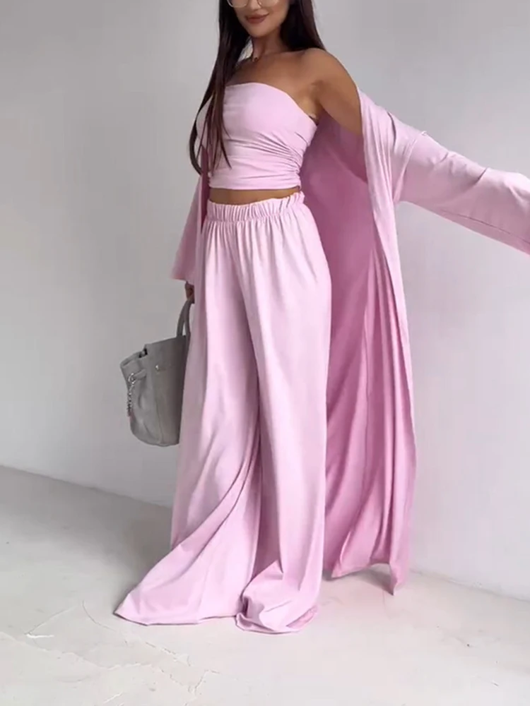 

Long sleeved cardigan+pocket straight leg pants+strapless fashion three piece casual daily spring loose suit