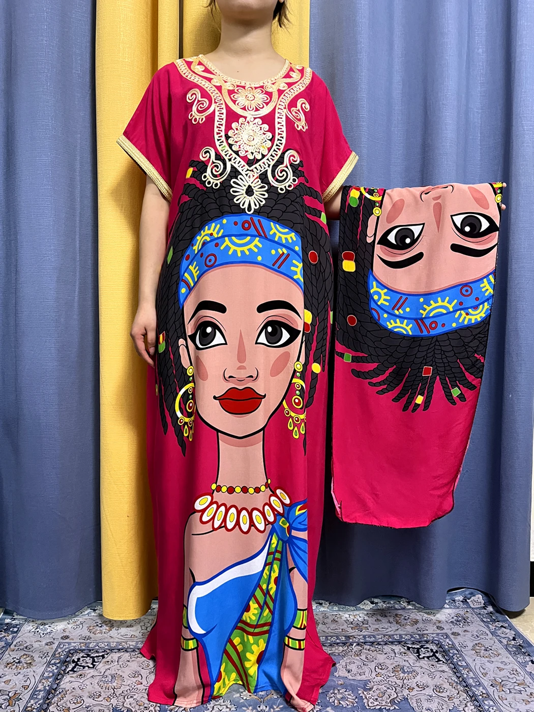 Muslim Abayas For Women Fashion Summer Printed Figure Pattern Cotton Short Sleeve African Dresses Loose Femme Robe With Turban
