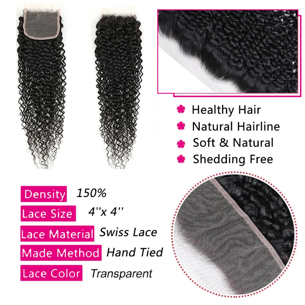 32 Zoll Kinky Curly Bundles und Closure aus Echthaar, 4x4 transparente Spitze, 1/3/4 burmesische Curly Haarbündel, Deep Curly Haarbündel – Detail 4