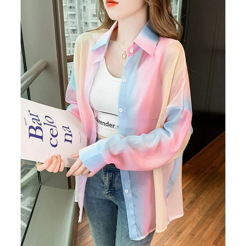 Summer Polo-neck Rainbow Printing Shirt Ladies Long Sleeve Loose Casual All-match Top Women Buttons Cardigan Sunscreen Blouse