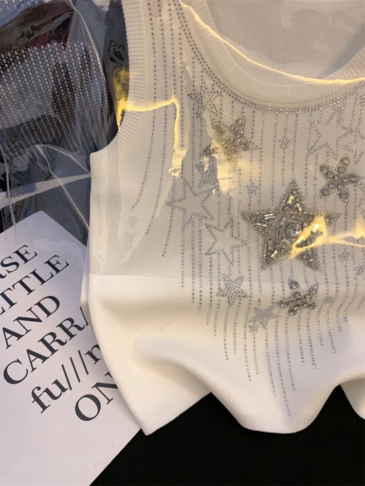 여름 흰색 또는 검은 색 여성 니트 조끼 라인 석 장식 U 넥 민소매 숙녀 슬림 니트 탱크 탑 2025